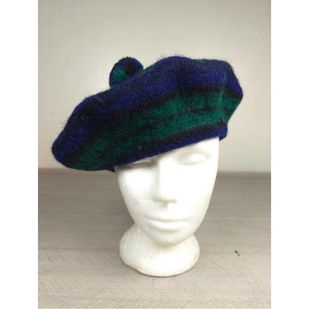 Vintage Wool Striped Blue and Green Beret